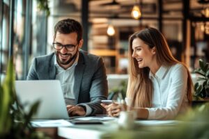 Woman and man smiling at an open laptop
